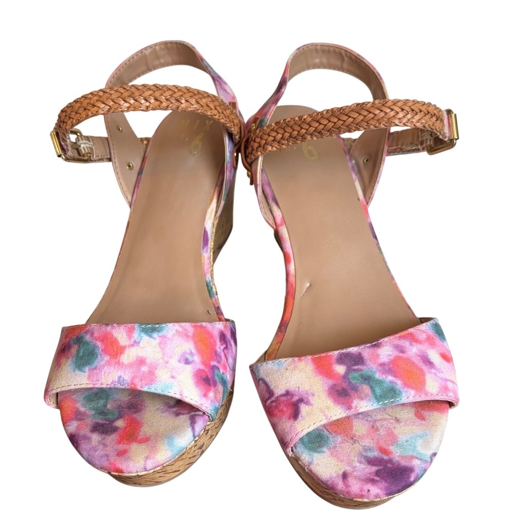 Mix No. 6 Zessi Floral Cork Wedge Sandals Multi Color Braided Strap 8.5